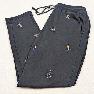 Loft Lou Grey Embroidered Skier Terry Sweatpants Medium Black Cotton Drawstring